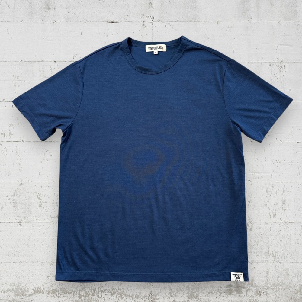 Merino Tech Short Sleeve T Shirt Base Layer Mens L 100% Organic Merino Wool Blue